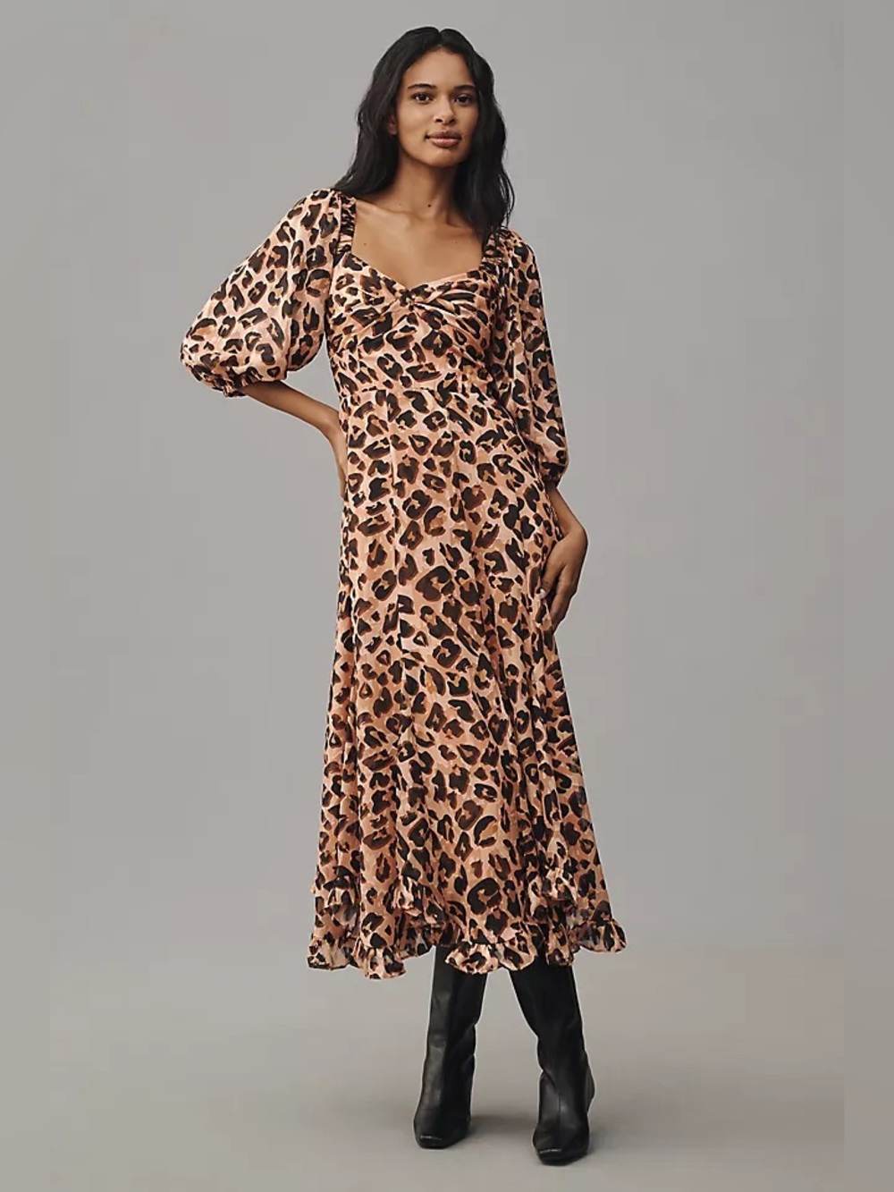 Anthropologie Hutch Cheetah Leopard Printed Twist Front Puff Sleeve Dress Sz L